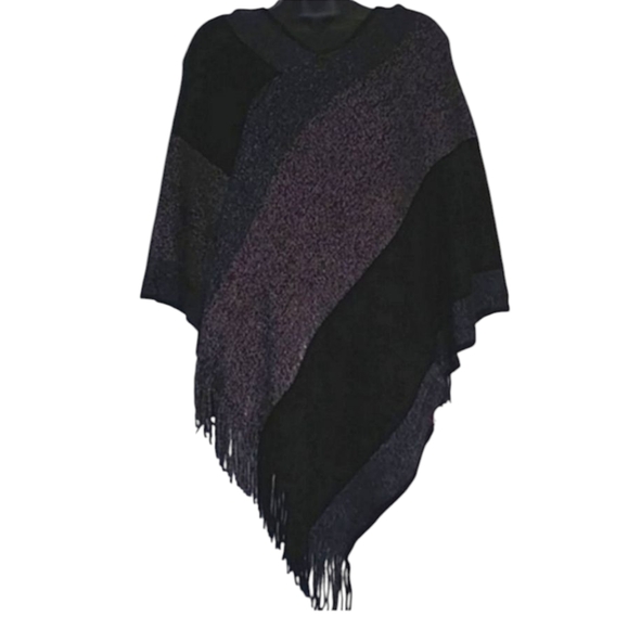 Source Unknown Sweaters - Knitted Shawl with Fringed V-Neck Striped Sweater Pullover Faux Cashmere